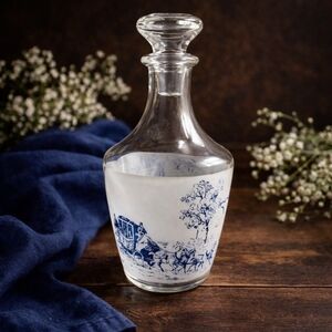 Vintage French Blue Toile Glass Decanter with Stopper | Cottage Core Barware